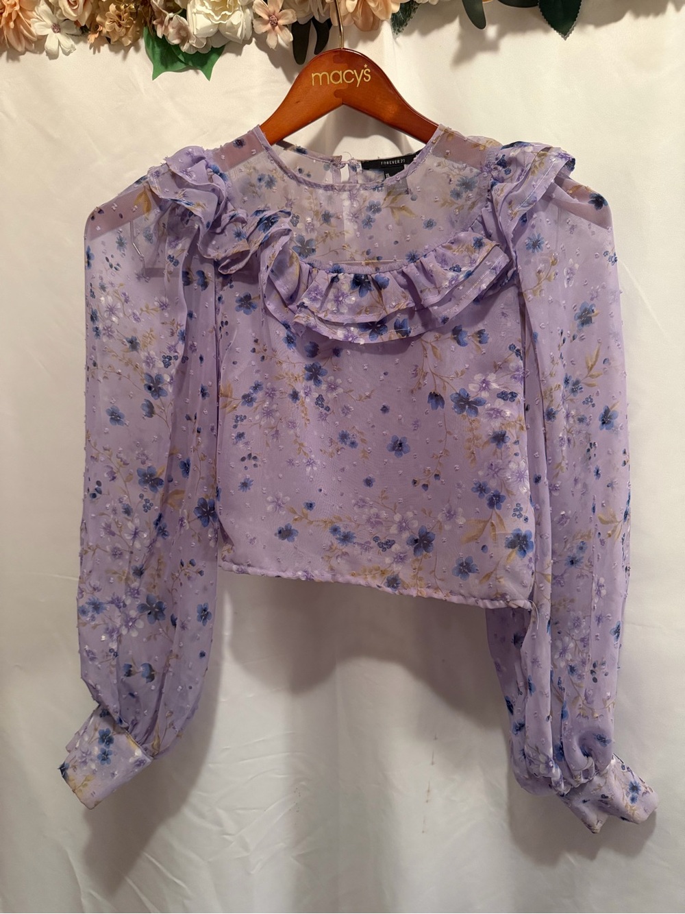 Forever 21 Lavender Floral Ruffle Long-Sleeve Blouse